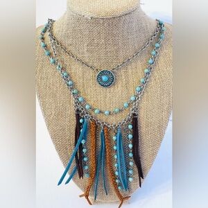 Justin Boots Brand Western 3 Layer Necklace with Bead & Suede Accents NWT!!
